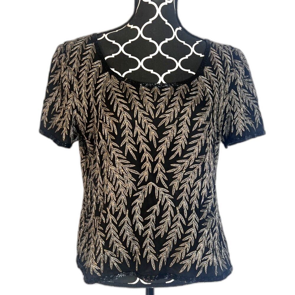 Papell Boutique Evening 100% Silk Black w/‎ Gold Leaf Beaded Cocktail Blouse MD